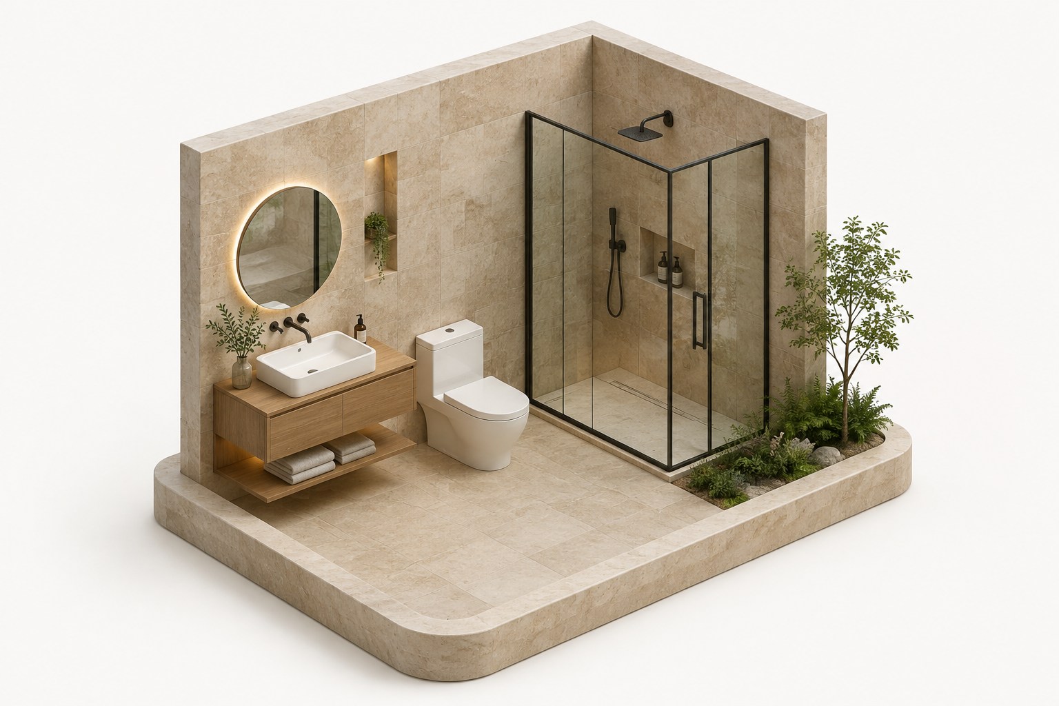 Escena de baño con mueble de madera, espejo circular, sanitario y ducha de cristal